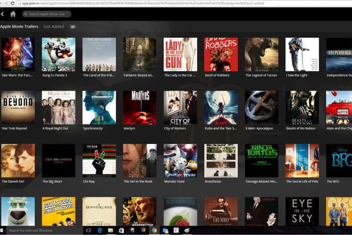 Imagen mostrando la cartelera disponible por medio de Plex