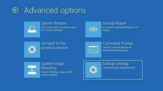 Pantalla de opciones de arrancar Windows 10 en modo seguro