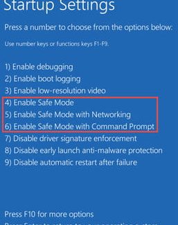 Opciones para arrancar Windows 10 en modo seguro