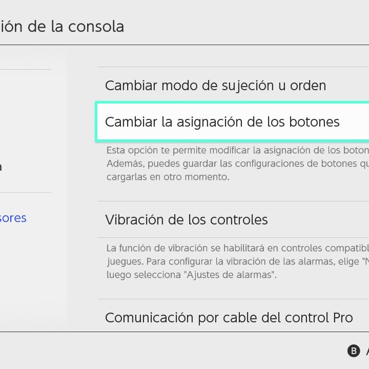 Menú "Controles y sensores" de la Nintendo Switch