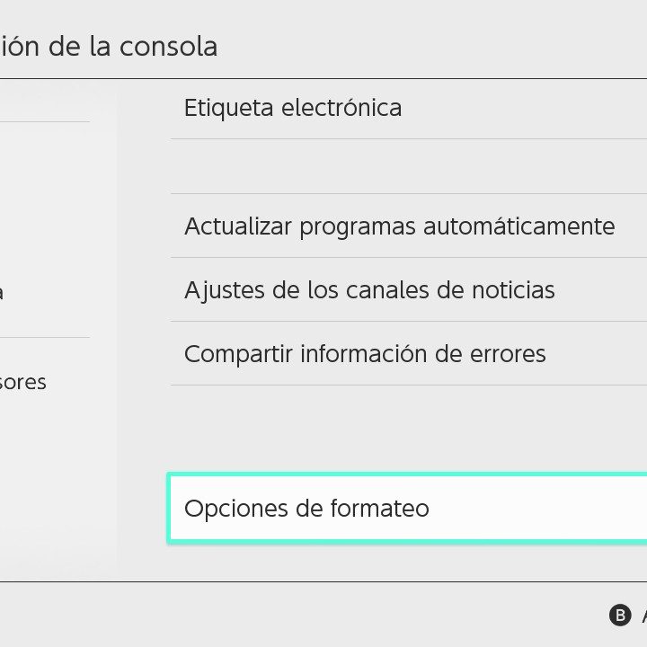 La función Opciones de formateo del menú Configuración de la consola de la Switch