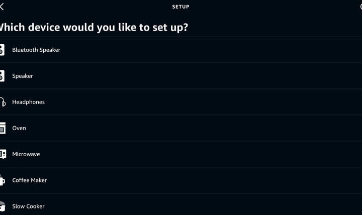 Pantalla de configuración de app Alexa para seleccionar dispositivos