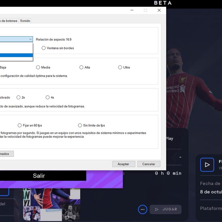 La pantalla de ajustes gráficos de FIFA 21 para PC