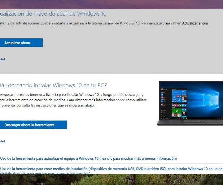 Pantalla para descargar herramienta y descargar Windows 10 ISO