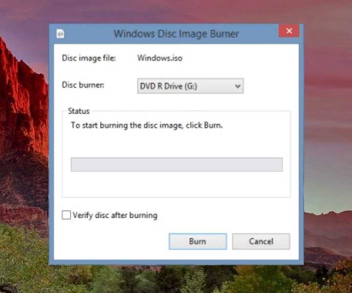 Pantalla para grabar la ISO de Windows 10 en un DVD