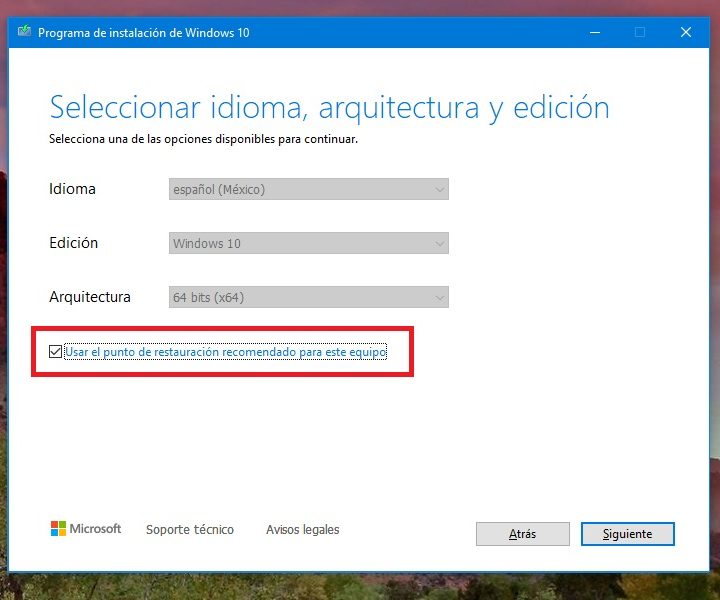 Pantalla para elegir idioma, edición y arquitectura