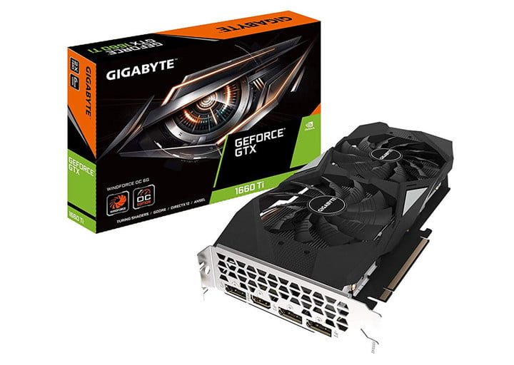 GPU junto a la caja de su empaque para comparar a la Nvidia GTX 1660 Super vs. GTX 1660 Ti vs. GTX 1660