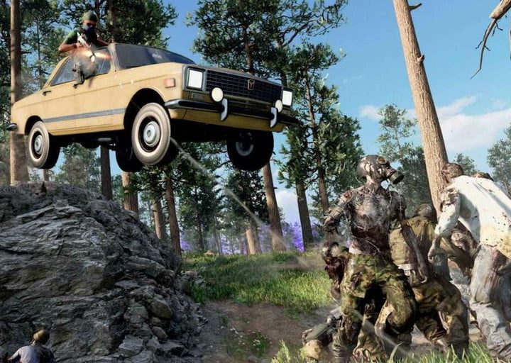 Frame de Outbreak Zombies mostrando un auto saltando sobre enemigos