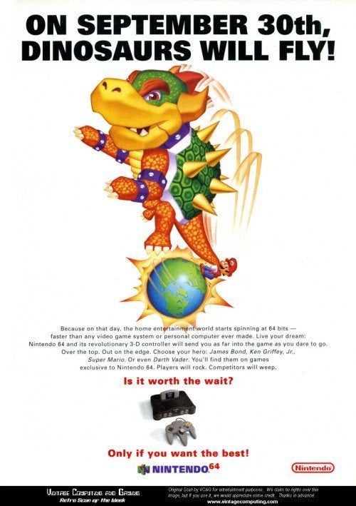 El anuncio "Dinosaurs will fly" con que el que Nintendo anunciaba la N64 en 1995