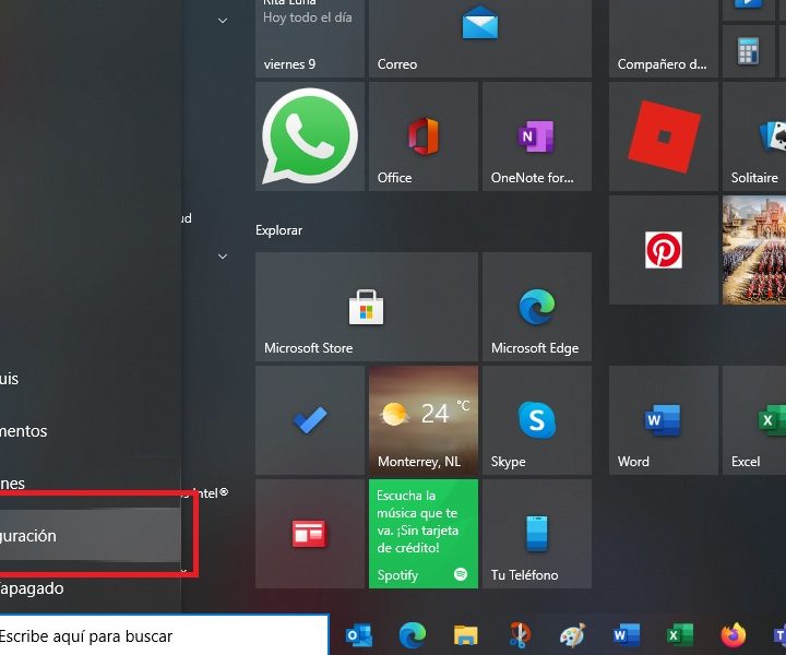 Botón de Inicio en Windows 10 para entrar al menú de Configuración