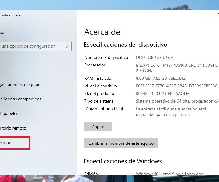 Detalles de especificaciones en el Menú Sistema