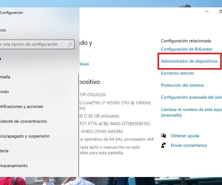 Acceso al Administrador de Dispositivos desde Sistema en Windows 10