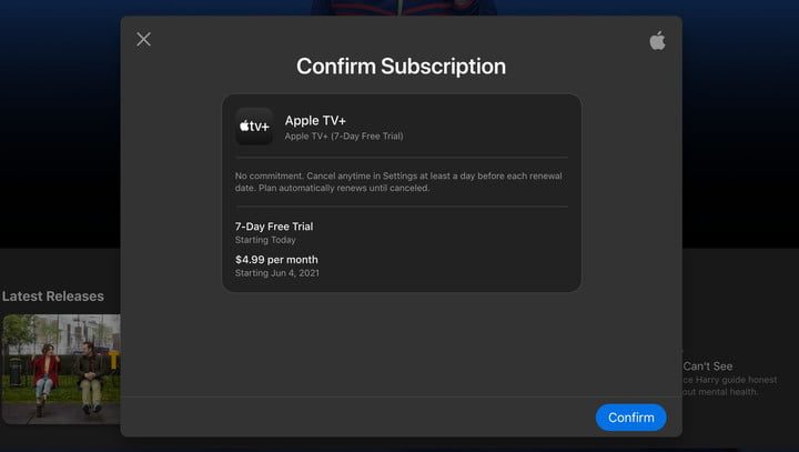 Pantalla del proceso de suscripción a Apple TV+