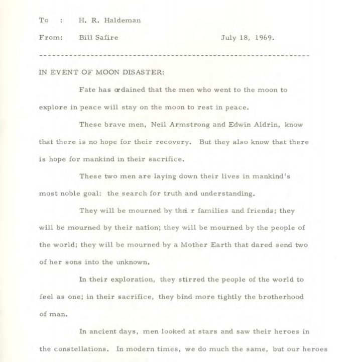 El discurso "En caso de desastre lunar" de la misión Apolo 11