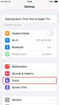 Menú de configuración de iOS 15 para aprender acerca de Focus mode, modo Enfoque