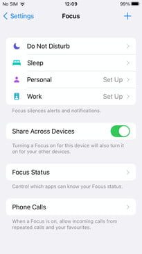 ioS 15 Menú del modo de Enfoque.