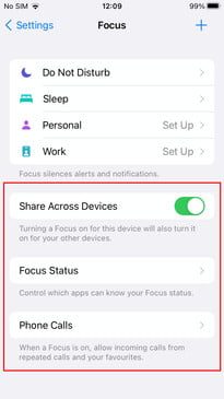 Imagen que muestra la ubicación de la configuración general en el modo Focus de iOS 15.