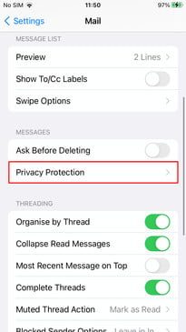 Menú de Mail en iPhone