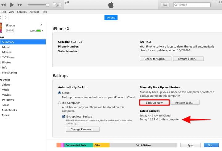 iTunes Windows 10 Copia de seguridad ahora
