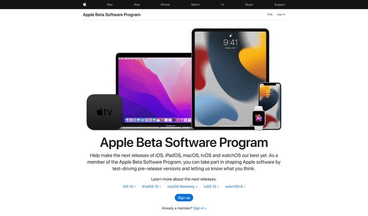 Imagen del sitio web de Apple Beta Software