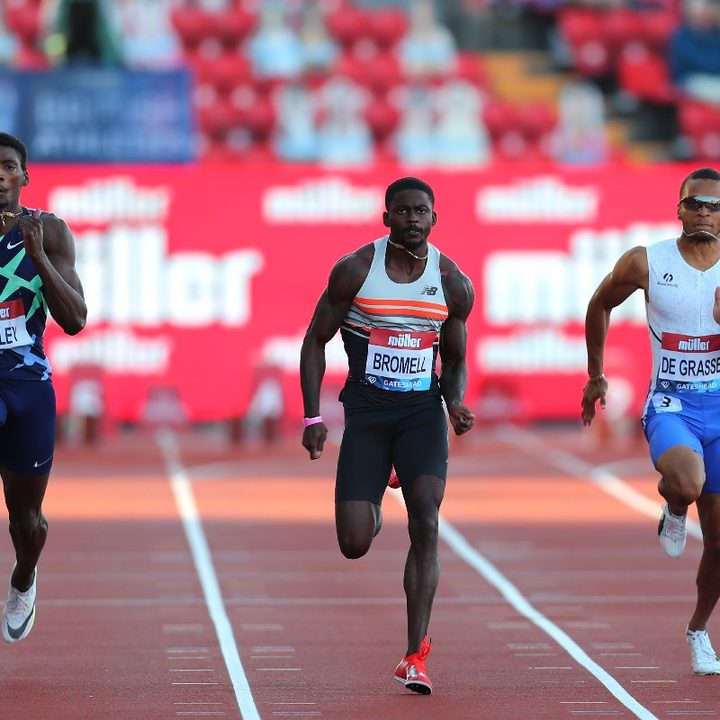 El sudafricano Akani Simbine, el estadounidense Trayvon Bromell y el canadiense Andre de Grasse.