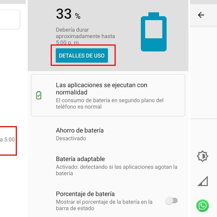 Uso de batería en un teléfono Android