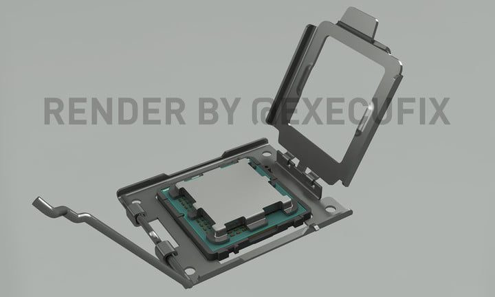 Render de un procesador Zen 4 con el nuevo socket AM5 de AMD mostrando su mecanismo de sujetador.