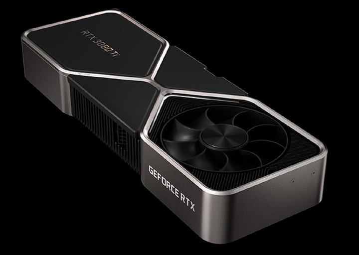 Un primer plano de una tarjeta gráfica Nvidia GeForce RTX 3080 Ti sobre un fondo negro para aprender qué significa Ti en las GPU de Nvidia