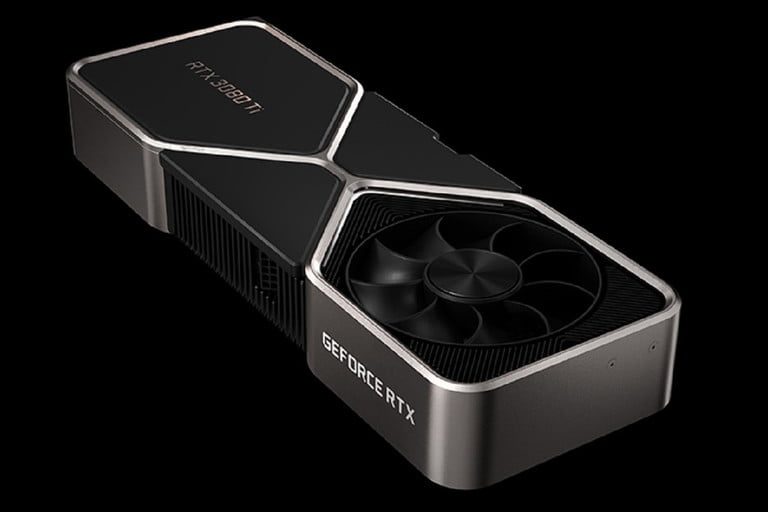Un primer plano de una tarjeta gráfica Nvidia GeForce RTX 3080 Ti sobre un fondo negro para aprender qué significa Ti en las GPU de Nvidia