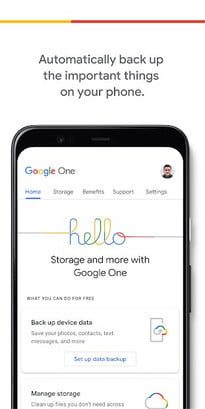 La aplicación Google One muestra una copia de seguridad.