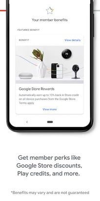 Aplicación Google One que muestra las ventajas de los miembros en una suscripción Google One