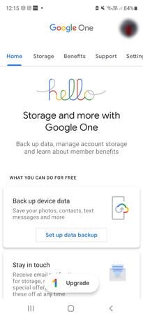 Aplicación Google One que muestra la página de inicio.