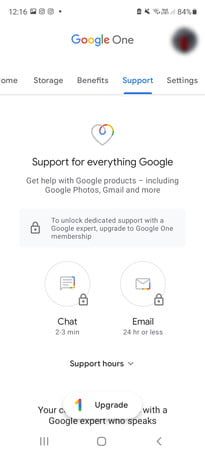Aplicación Google One que muestra la página de soporte.