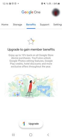 Aplicación Google One que muestra la página de actualización.