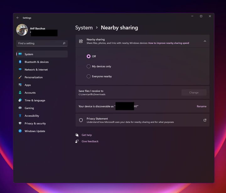 Ventana de configuración para la función de uso compartido cercano.