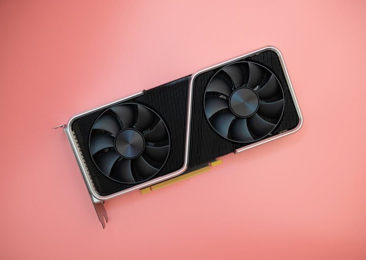 Nvidia RTX 3060 Ti Founders Edition sobre un fondo rosa, una de las mejores tarjetas gráficas para jugar a 1080p