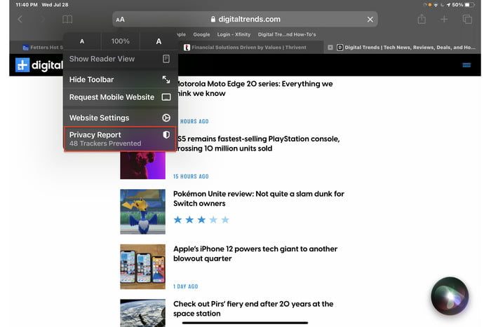 Informe de privacidad en iPadOS 14.