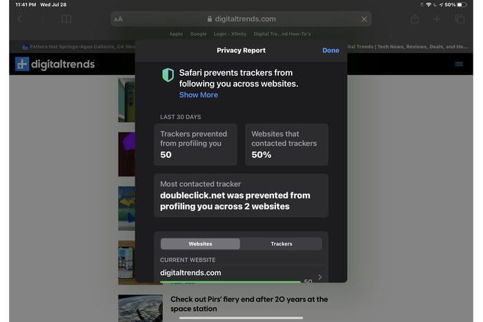 Informe de privacidad en iPadOS 14.