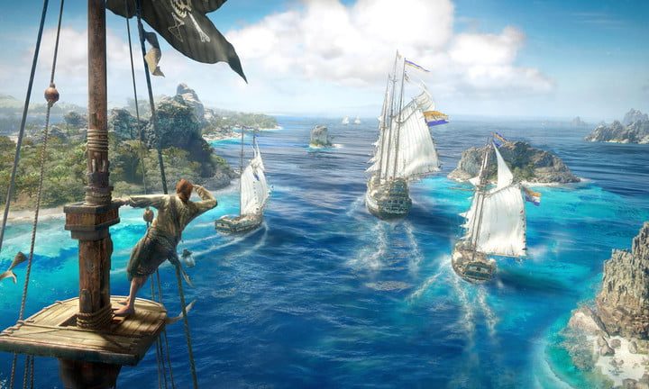 Un pirata de pie sobre un mástil con vistas al mar del juego Skull & Bones