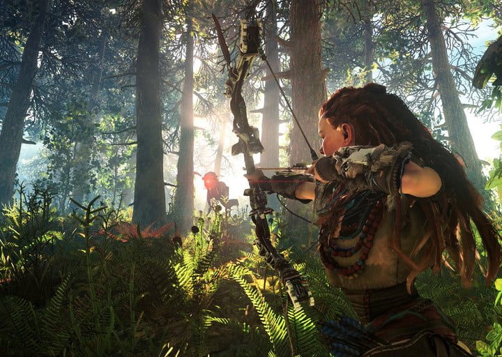 Aloy apunta con su arco a un robot en Horizon: Zero Dawn, uno de los mejores juegos tipo The Legend of Zelda