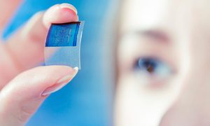 La imagen muestra a una mujer sosteniendo un chip.