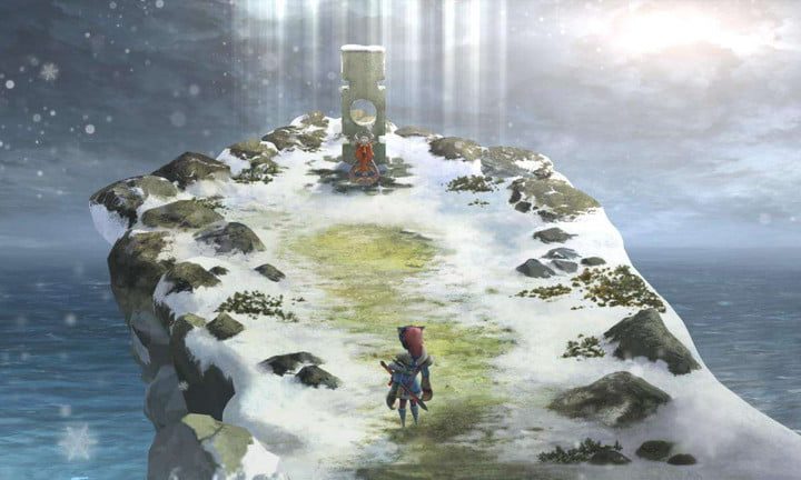 De pie junto a una tumba en un acantilado nevado en I Am Setsuna.