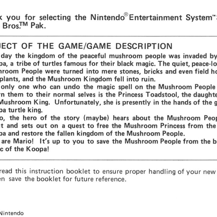 La página 2 del manual de Super Mario Bros.