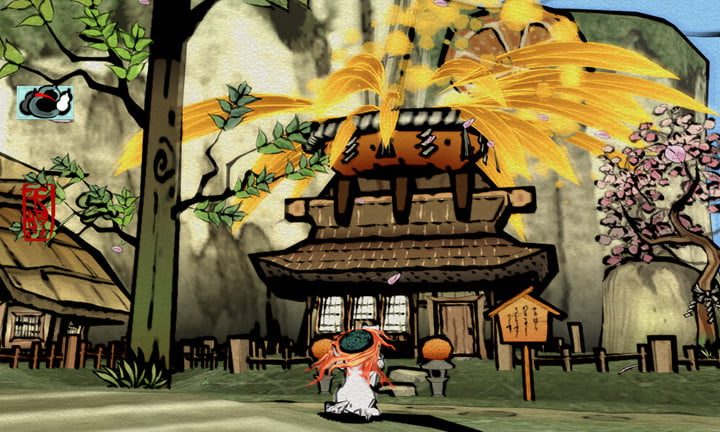 Ameterasu sentado frente a un santuario.