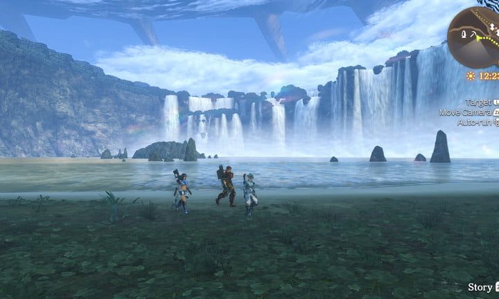 Frame de Xenoblade Chronicles Definitive Edition mostrando un campo abierto y cataratas al fondo