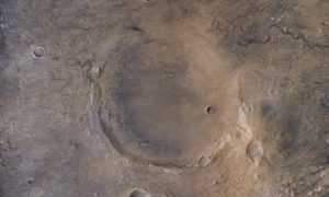 La imagen muestra el cráter Jezero en la superficie de Marte.