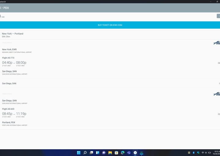 Comprar vuelos en la aplicación Flight Tracker 24 para Android en Windows 11.