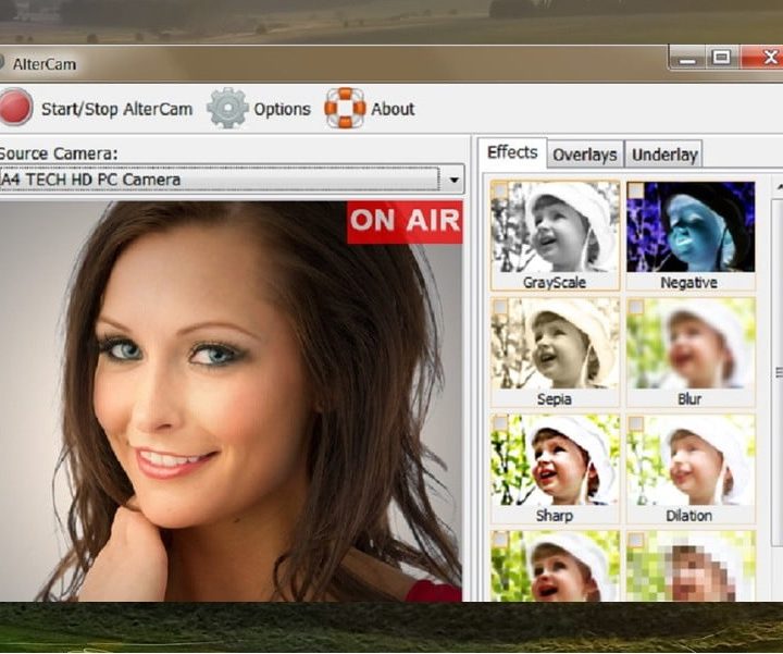 Captura de pantalla de la aplicación AlterCam que muestra la interfaz de la aplicación y su menú de efectos.