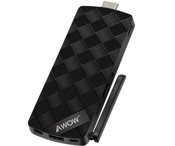 Mini PC Stick sin ventilador de Awow con el logotipo de Intel Inside.