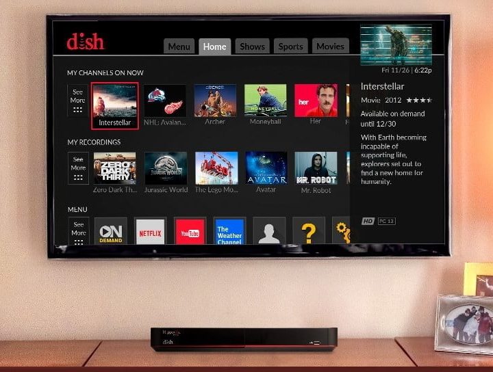 Televisor montado en la pared mostrando menú de Dish